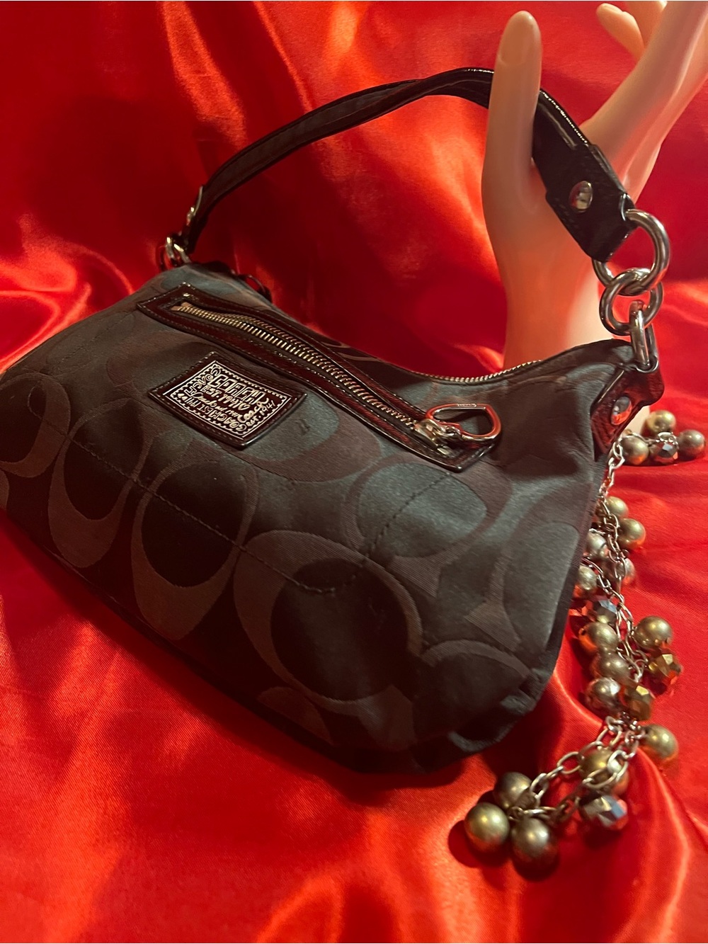 Coach Black Signature Jacquard Mini Hobo with Charm Chain